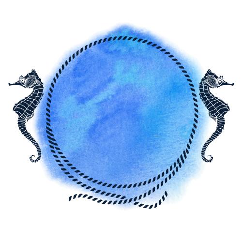Rope. Vector round frame made of sea rope, blue watercolor fragment, seahorses on white