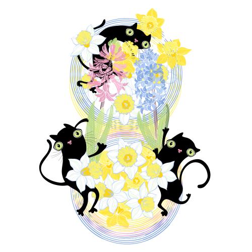 Hyacinth. Vector flowered eight with cartoon black cats