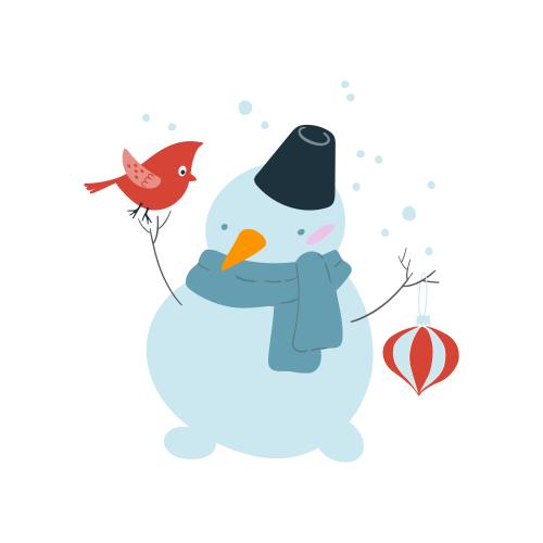Northern cardinal. Vector cartoon snowman with a bird and a christmas tree ornament on white