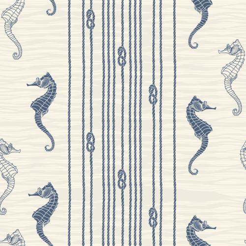 Rope. Vector vertical ropes with nautical knots, sea horses on light, silhouettes and contours