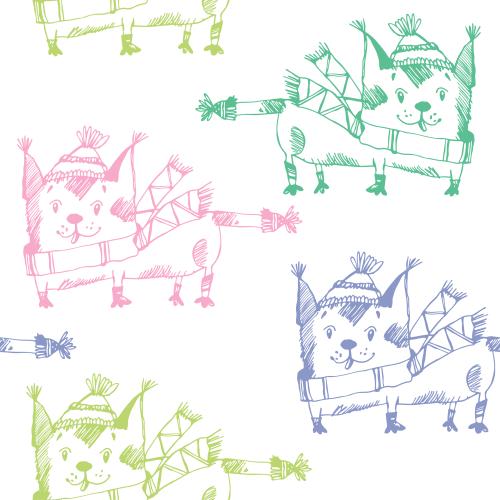 Cat. Vector multicolored cartoon kittens in hats and scarves on white
