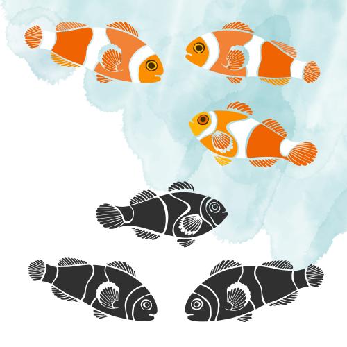 Vector image clown fish, colored and black silhouettes