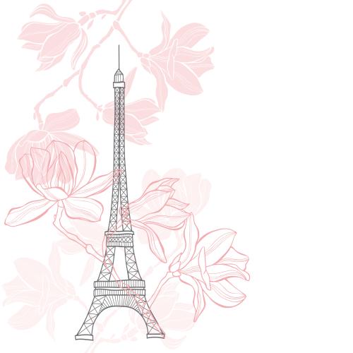 Eiffel tower. Vector eiffel tower, blooming magnolia, place for text on white
