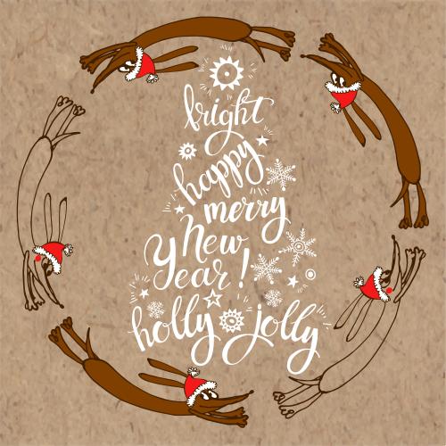 Vector image cartoon dogs in christmas hats running in a circle, text bright, happy, merry, new year, holly, jolly on craft