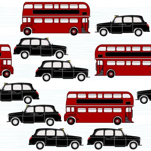 Cab. Vector red two-story buses and taxis on white