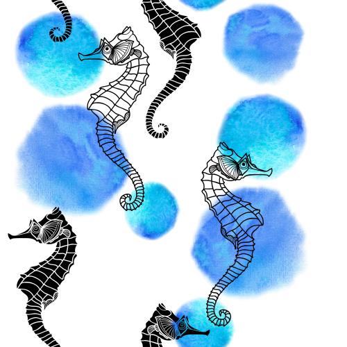 Raster image sea horses, round watercolor fragments on white
