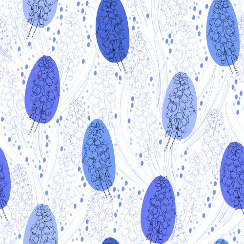 Muscari. Vector muscari flowers, leaves, colorful spots on white
