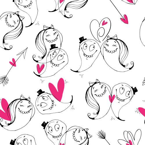 Romance. Vector cartoon lovers characters arrows hearts on white