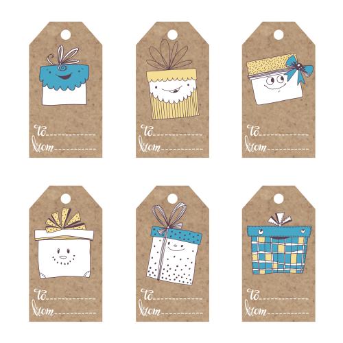Item. Vector craft tags with cartoon gifts
