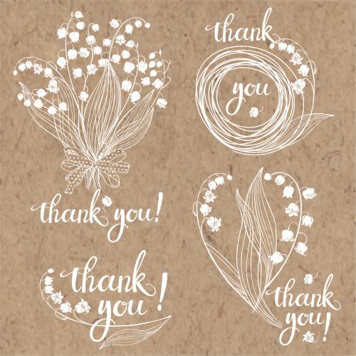 Lily-of-the-valley. Vector four compositions with lilies and a thank you inscription on craft