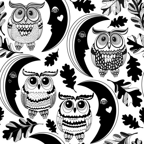 Owl. Vector decorative moon, oak leaves and cute cartoon owls on white