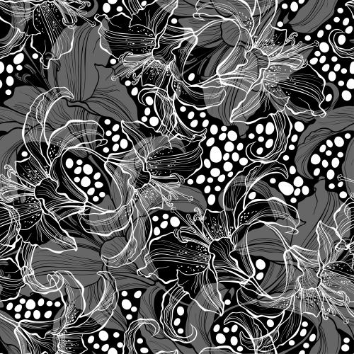 Lily. Vector lilies silhouettes and contours on black in white checkered