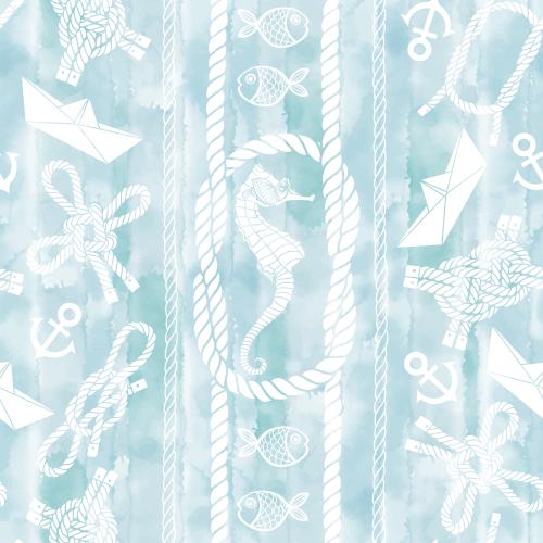 Anchor. Vector sea knots, ropes, sea horse, fish, anchors, paper boats on blue watercolor