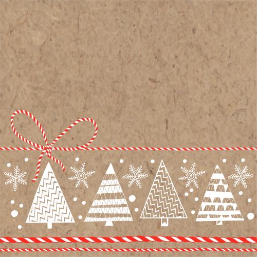 Illustration stylized trees snowflakes red white ribbon with bow text area on craft paper