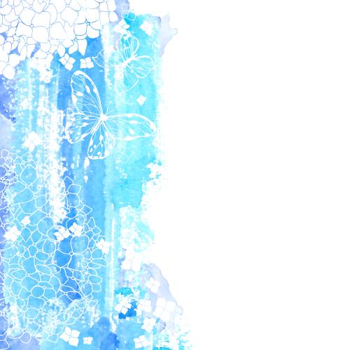 Illustration hydrangeas contours and silhouettes butterflies on watercolor space for text on white