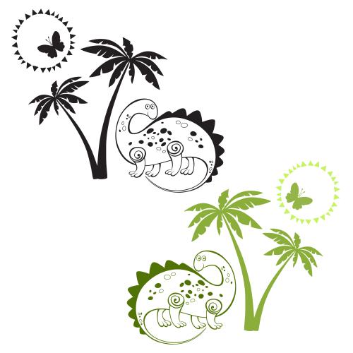Animals. Vector composition with a cartoon dinosaur, black and colored silhouettes, two versions on white