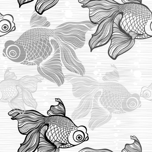Fish. Vector Pattern monochrome fish on waves