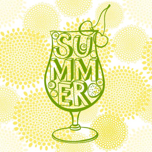 Cocktail. Vector cocktail with berries, summer inscription, yellow abstract flowers on white