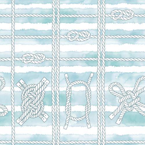 Sea rope. Vector Pattern sea knots, ropes, watercolor blue stripes on white
