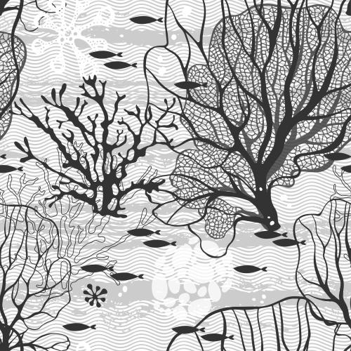 Female. Vector monochrome algae corals fish marine creatures waves