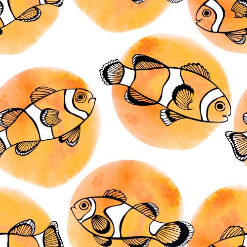 Vector image clown fish, orange watercolor circles on white