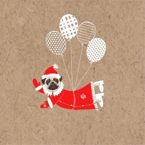 Balloon. Vector cute pug in santa claus costume flying on balloons