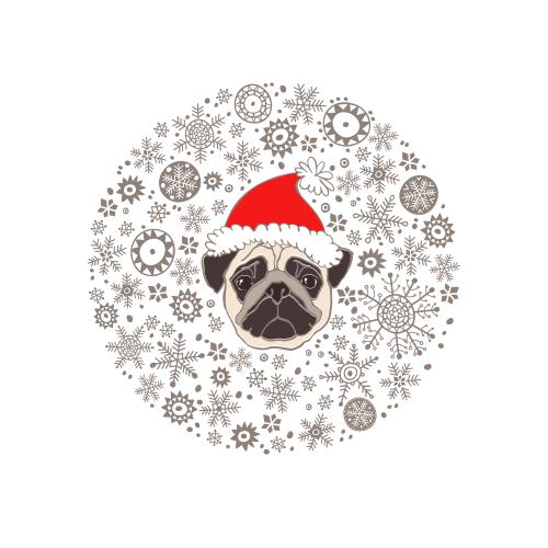 Vector image cute pug face in a christmas hat in a circle of snowflakes on white