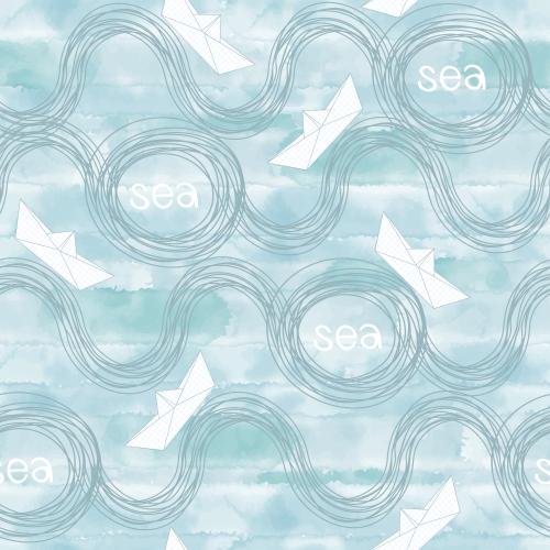 Vector image decorative waves paper boats sea signs on blue watercolor
