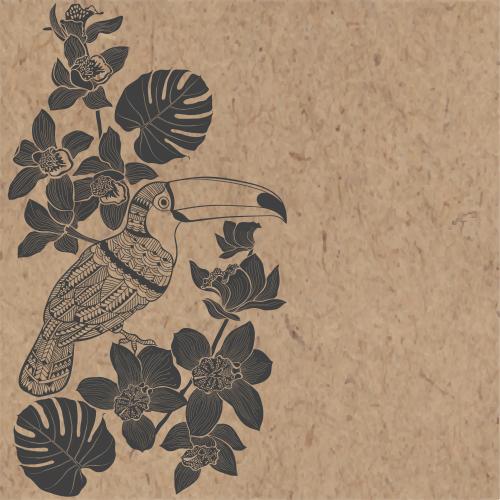 Monstera. Vector stylized toucan among orchids and palm leaves on craft