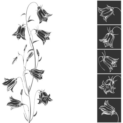 Illustration bells, black silhouette, flowers in black squares, space for text on white
