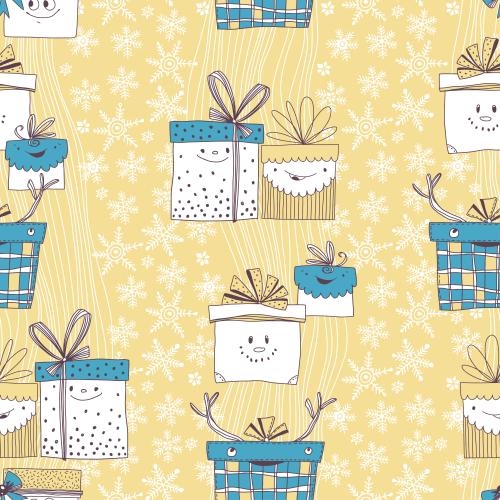 Vector image cartoon gift boxes snowflakes wavy lines on gold