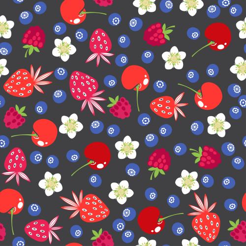 Bilberry. Vector strawberry, blueberry, cherry, raspberry and flowers on dark