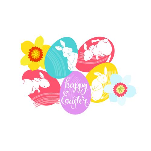 Illustration easter composition with multicolored eggs, cute rabbits, and daffodils