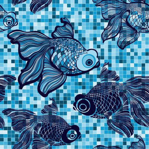 Mosaic. Vector fish silhouettes and contours on mosaic blue colors