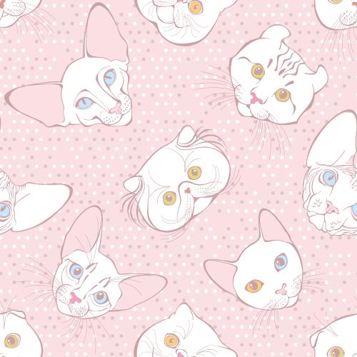 Sphinx cat. Vector cute cat faces of different breeds on soft-pink checkered