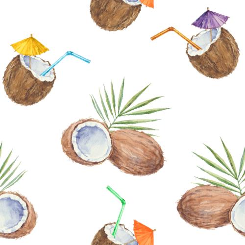 Fruit. Vector coconuts coconut cocktails with colorful cocktail straws and umbrellas on white