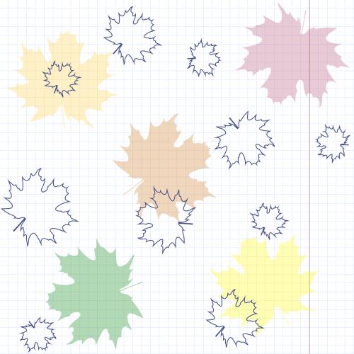 Notebook. Vector multicolored maple leaves contours and silhouettes on grid-textured notebook paper