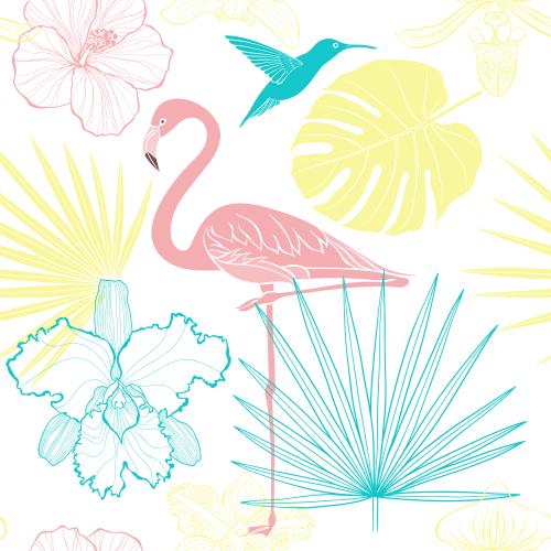 Hibiscus. Vector flamingo hummingbird orchids hibiscus palm leaves on white