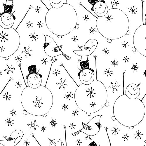 Northern cardinal. Vector cute snowmen with birds, snowflakes on white, scandi style