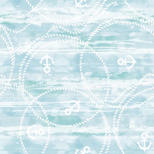 Anchor. Vector circles from seaweed rope, anchors, textured waves on blue watercolor