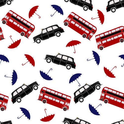 Symbol. Vector red two-decker buses taxis and multicolored umbrellas on white