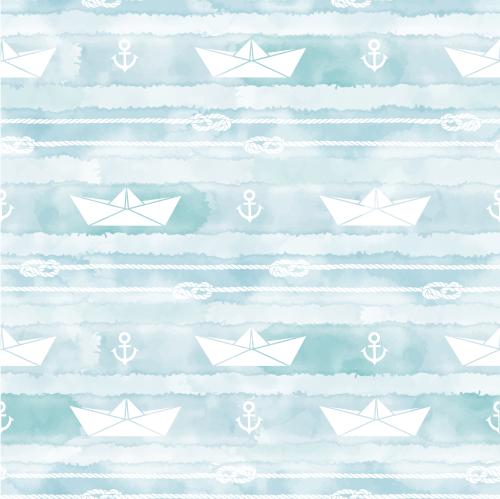 Vector image white paper boats, ropes with nautical knots, anchors on blue watercolor