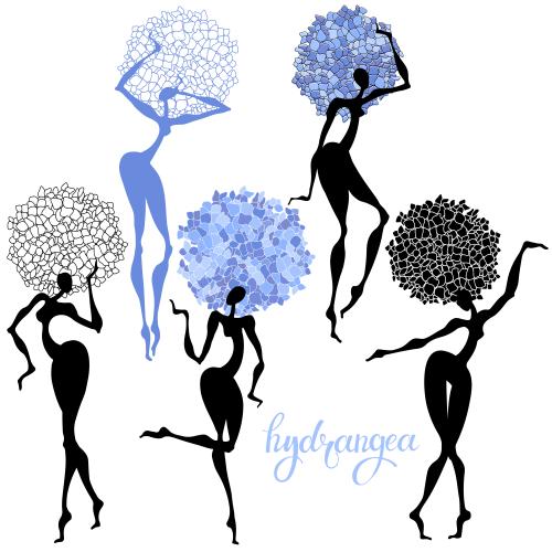 Hydrangea. Vector dancing women-hydrangeas on white