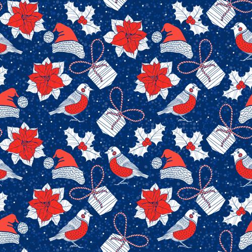Pea. Vector snowflakes poinsettia flowers spider plant gifts holiday hats on blue with polka dots