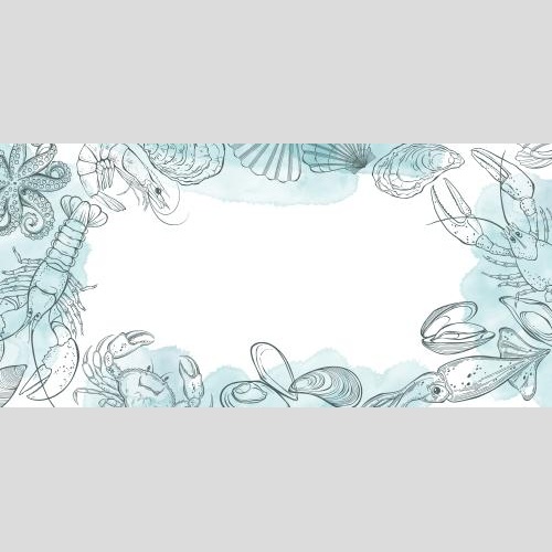 Scallop. Vector lobster crab crayfish shrimp mussel oyster scallops octopus hake watercolor fragments text area on white