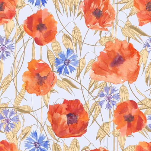 Raster image watercolor poppies and cornflowers, ears of oats on blue