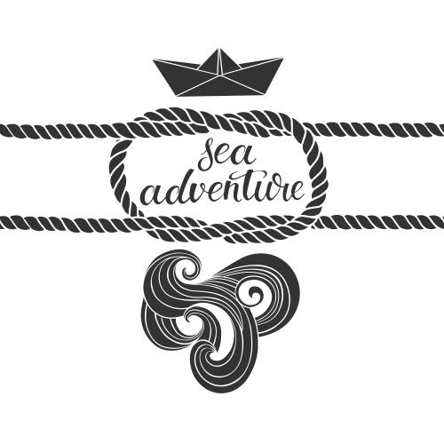 Paper boat. Vector sea knot paper ship waves inscription sea adventure black silhouettes on white