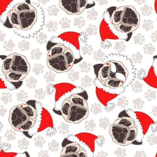 Pug. Vector little faces of mops in new year hats, paw prints on white