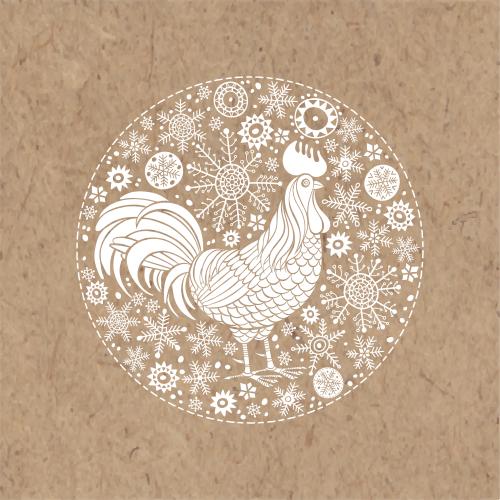 Rooster. Vector rooster, snowflakes in a circle on craft