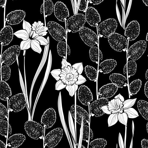 Willow. Vector daffodils and willow branches, white silhouettes on black